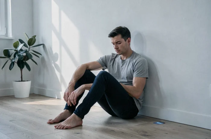 Homme seul assis au sol d'un appartement minimaliste tenant un téléphone avec une notification 404, évoquant l'absence de réponse amoureuse et le silence émotionnel