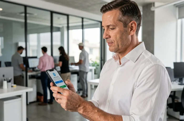 Homme d'affaires utilisant l'authentification à deux facteurs sur son smartphone dans un bureau moderne pour sécuriser son compte en ligne