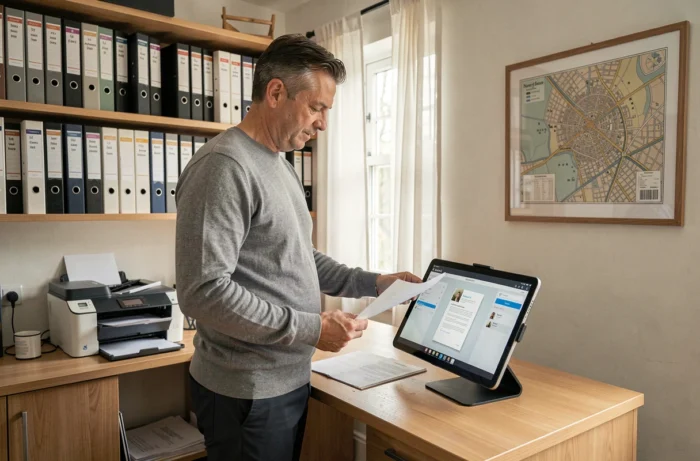 Homme consultant des documents numérisés sur une tablette dans un bureau à domicile organisé avec classeurs et étagères