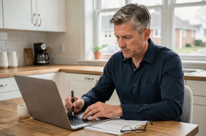 Homme comparant des offres d'assurance auto sur un ordinateur portable à la maison, symbolisant le choix d'une couverture adaptée