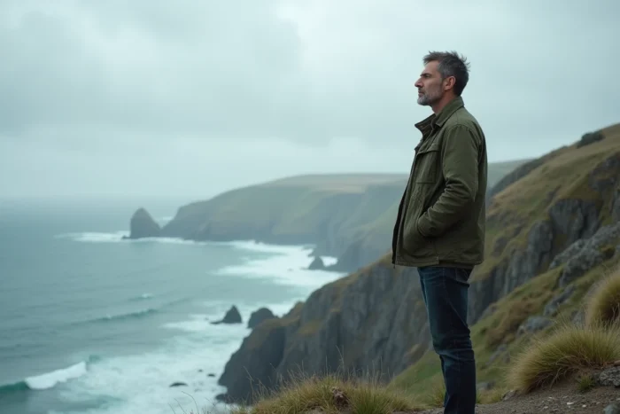 Homme contemplatif face à l'océan sur une falaise rocheuse, évoquant la résilience spirituelle face aux défis
