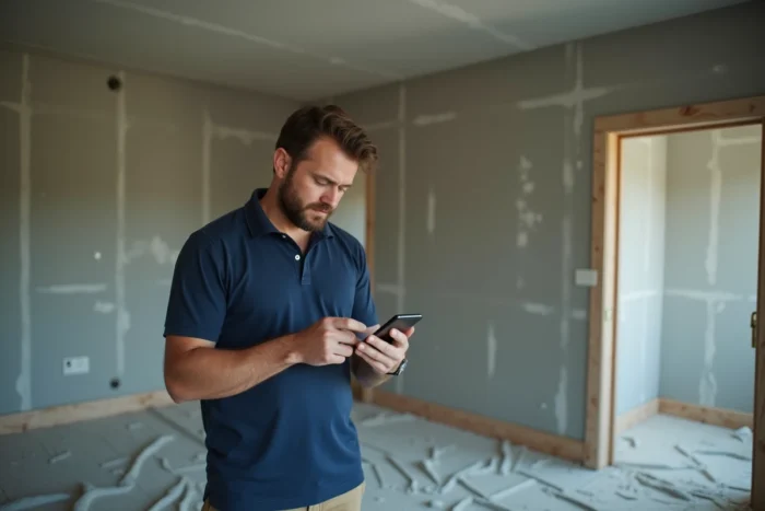 Homme comparant des devis de travaux sur smartphone dans un salon en cours de rénovation