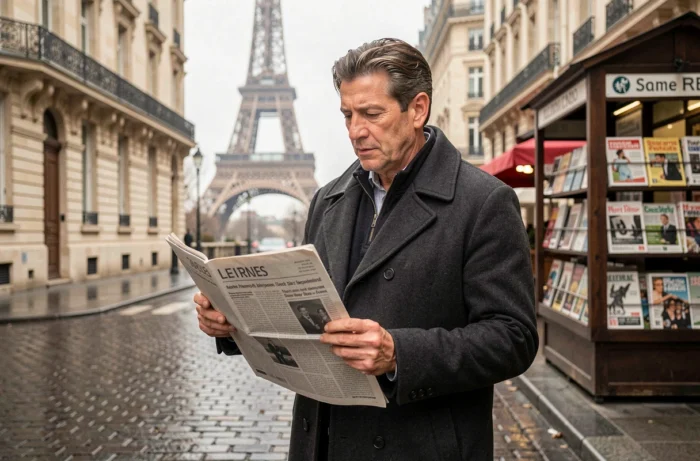 Homme lisant un journal français dans une rue parisienne avec la Tour Eiffel en arrière-plan