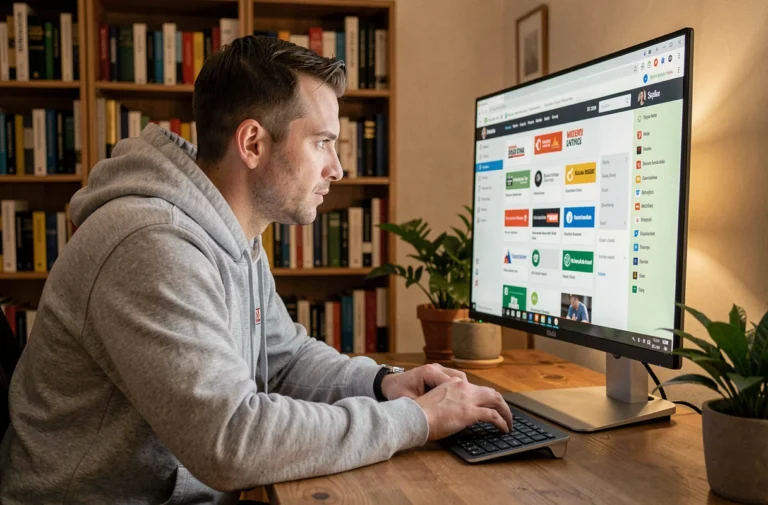 Homme en sweat gris naviguant sur un site de sports en ligne depuis son bureau à domicile