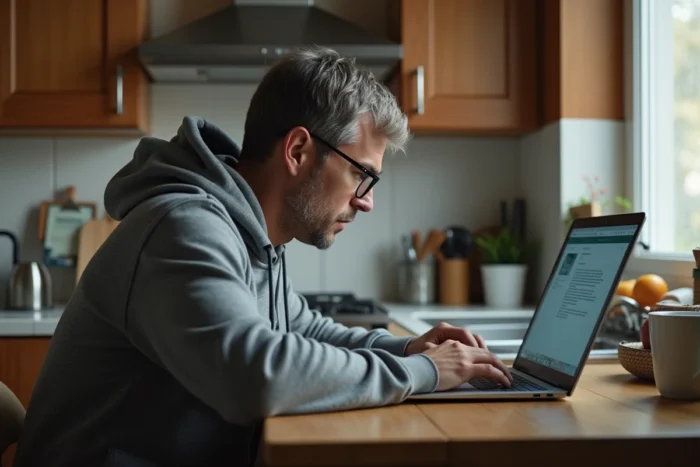 Homme découvrant une notification de violation de données personnelles sur son ordinateur portable à domicile