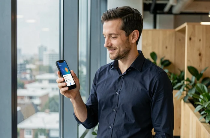Homme consultant les nouvelles fonctionnalités d'une application rebaptisée sur son smartphone dans un espace de coworking avec vue urbaine