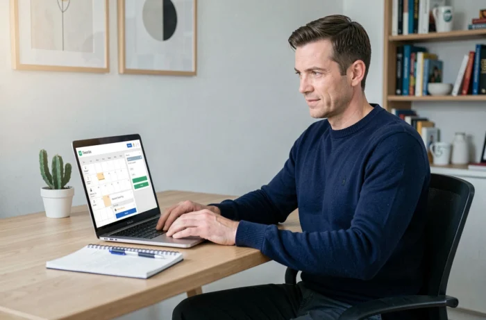 Homme organisant ses activités de loisirs en ligne sur ordinateur portable depuis un bureau à domicile