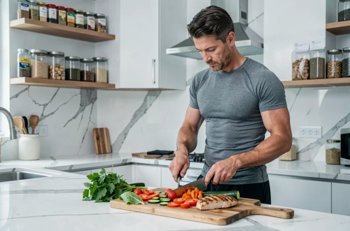 Homme préparant un repas sain riche en protéines dans une cuisine moderne pour soutenir la perte de poids