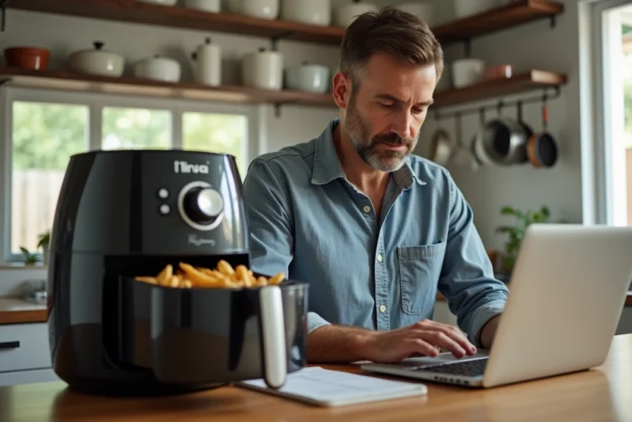 Homme consultant une recette PDF air fryer Ninja sur un ordinateur portable dans une cuisine moderne