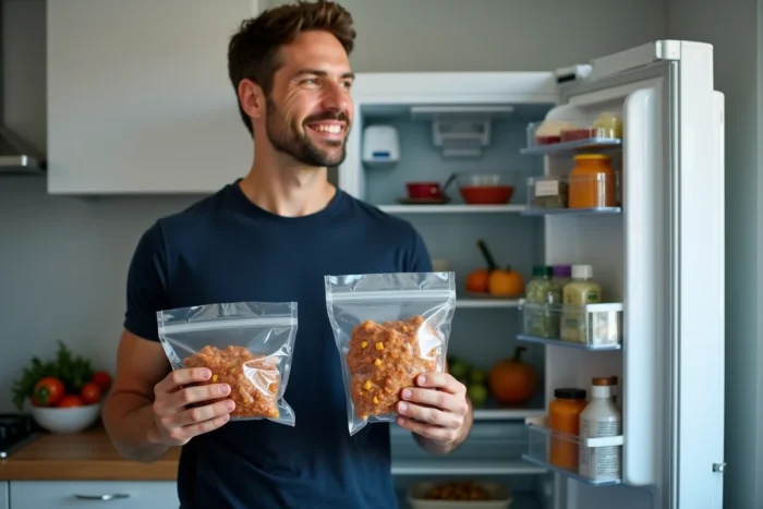 Homme comparant des portions de repas conservées sous vide dans un réfrigérateur bien organisé avec un FoodSaver