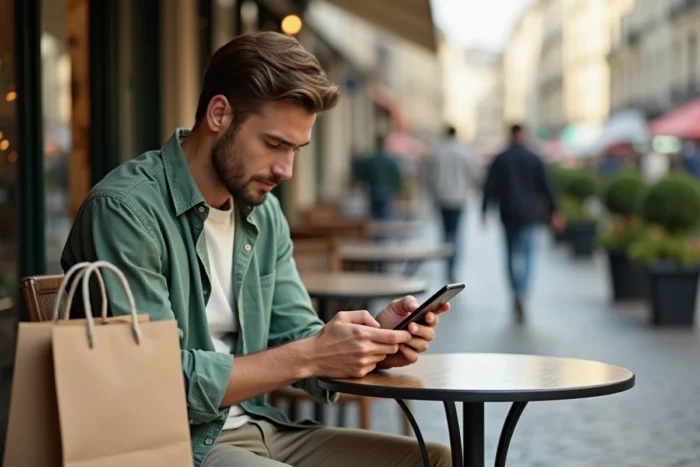 Homme tendance consultant des idées mode sur smartphone en terrasse de café parisien