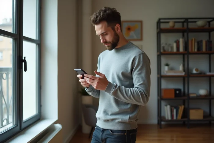 Homme consultant son smartphone pour composer un numéro avec l'indicatif téléphonique 04 12 en France