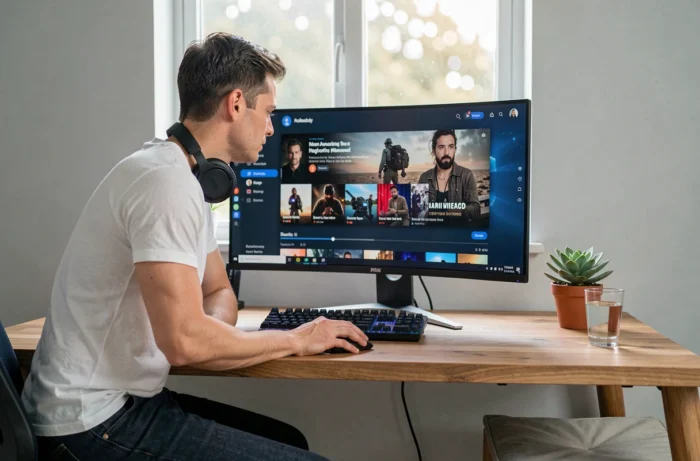 Homme regardant une série en streaming sur un grand écran d'ordinateur dans son bureau à domicile