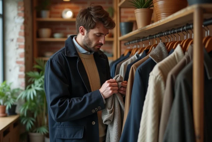 Homme tendance explorant des vêtements dans une boutique indépendante au style soigné