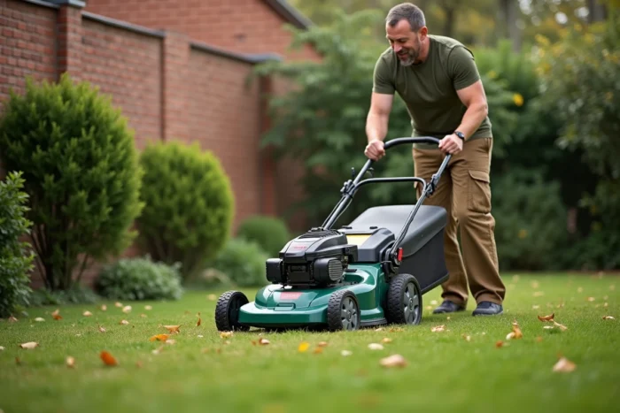 Homme adulte utilisant la tondeuse Bosch AdvancedRotak 770 pour tondre une pelouse familiale en automne