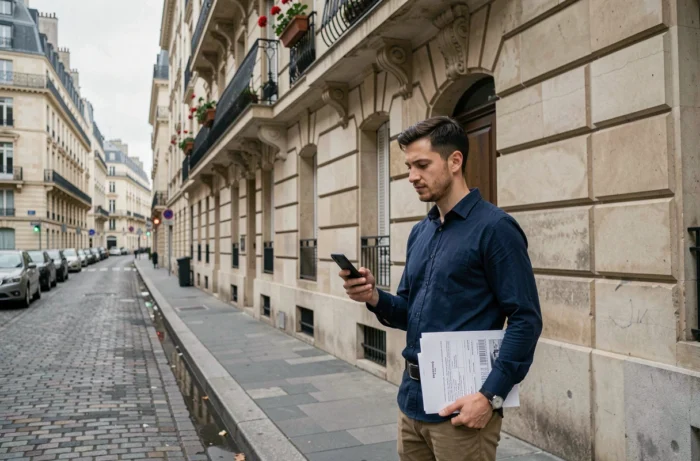 Homme visitant un appartement en location repéré sur une plateforme immobilière fiable
