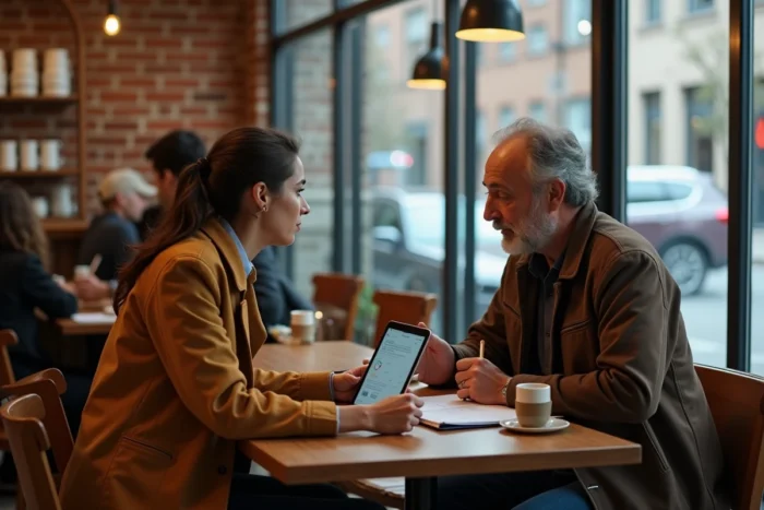 Deux hôtes discutant des erreurs à éviter sur une plateforme de réservation en ligne autour d'une tablette dans un café