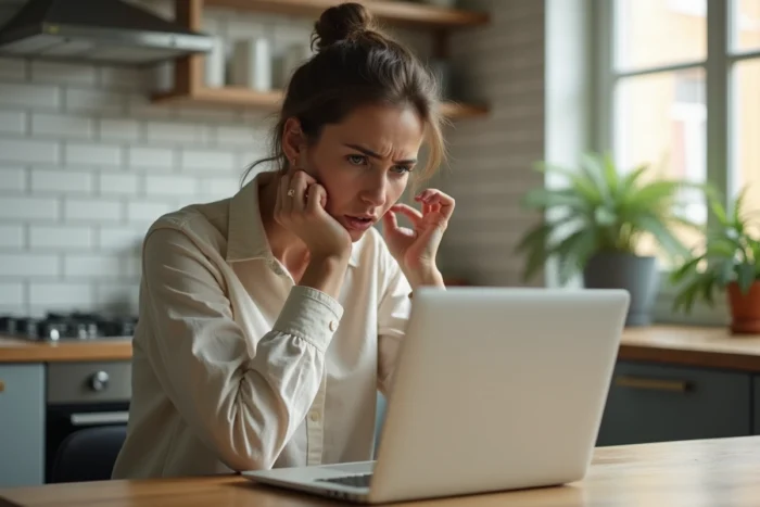 Hôte novice confuse devant son ordinateur portable en train de gérer son annonce sur une plateforme de location courte durée