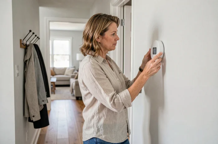 Femme installant un thermostat connecté sur un mur blanc dans un couloir de maison moderne