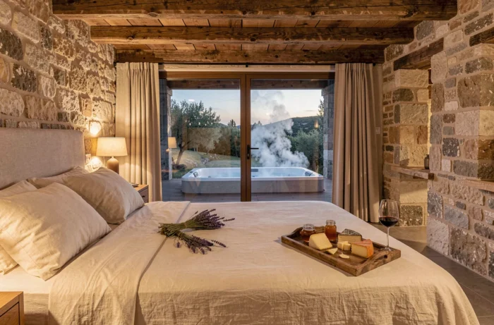 Intérieur chaleureux d'une cabane de luxe en Luberon avec vue sur jacuzzi privatif, décoration provençale authentique pour séjour romantique en PACA