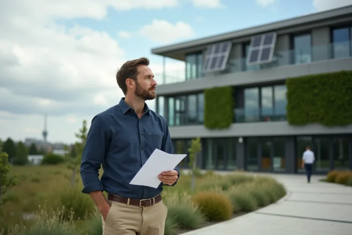 Investisseur tenant un rapport de fonds ESG devant un bâtiment durable avec panneaux solaires et mur végétal