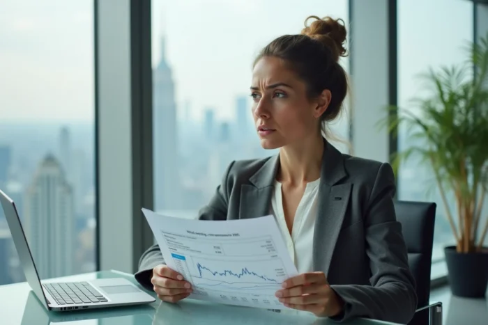 Investisseuse tenant un rapport financier montrant des indicateurs de confiance en baisse dans un bureau avec vue urbaine