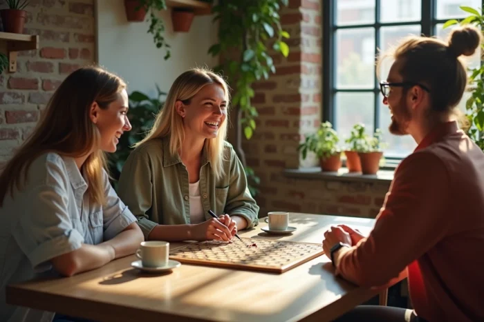Groupe d'amis jouant à un jeu de société dans un café urbain convivial, illustrant les tendances loisirs et activités sociales entre amis