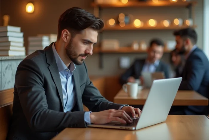 Jeune diplômé consultant une plateforme professionnelle sur son ordinateur dans un café, symbolisant la recherche d'opportunités via OrionB2B