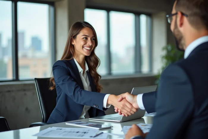 Jeune diplômée en business serrant la main d'un professionnel dans un bureau moderne pour illustrer le lancement de carrière via OrionB2B