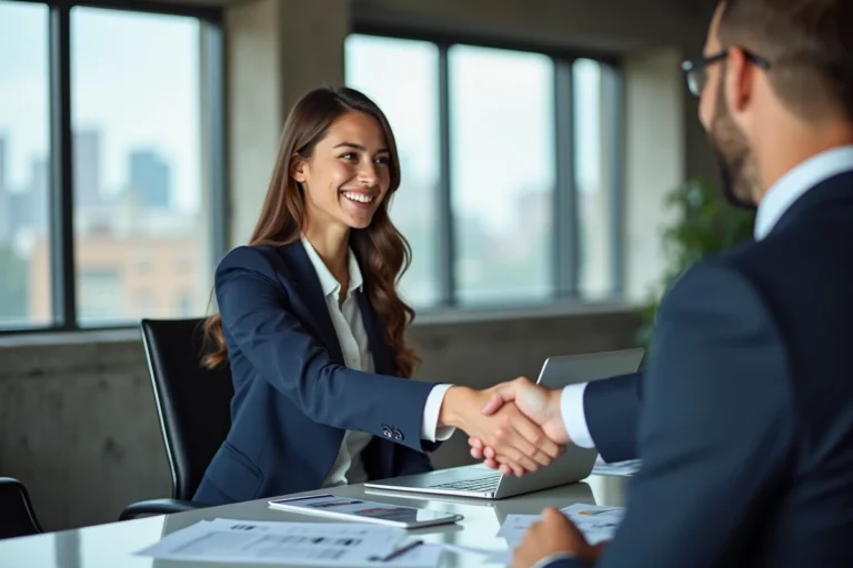 Jeune diplômée en business serrant la main d'un professionnel dans un bureau moderne pour illustrer le lancement de carrière via OrionB2B