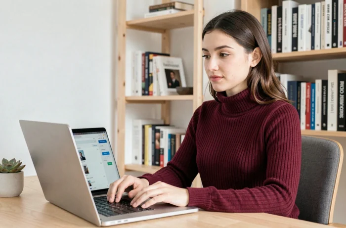 Jeune femme créant son site e-commerce depuis son bureau à domicile pour développer son entreprise en ligne