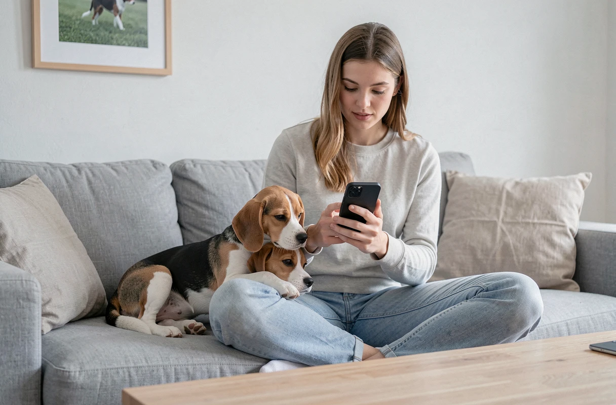 Joven mujer en un sofá usando un smartphone para navegar en un sitio de educación canina con su cachorro beagle