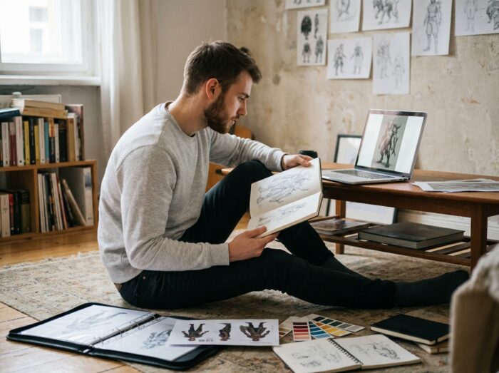 Jeune illustrateur étudiant le concept art de manière autonome dans son appartement avec portfolio et croquis