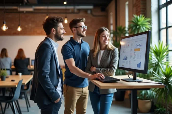 Groupe de jeunes diplômés collaborant sur un projet business dans un espace de coworking moderne, illustrant OrionB2B
