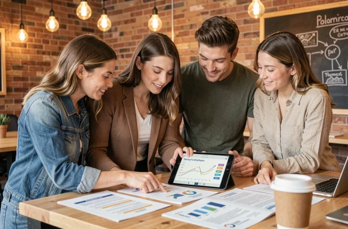 Groupe de jeunes professionnels analysant les tendances business et actualités économiques 2024 dans un espace de coworking
