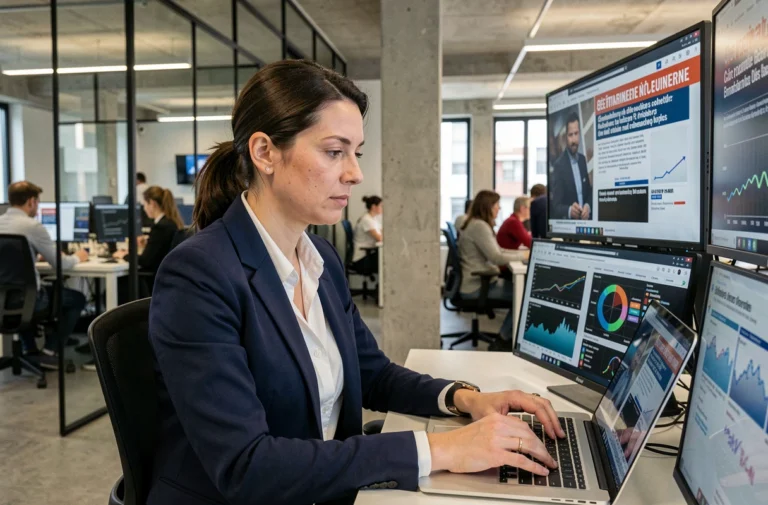 Journaliste française concentrée dans une salle de rédaction moderne entourée d'écrans d'actualité