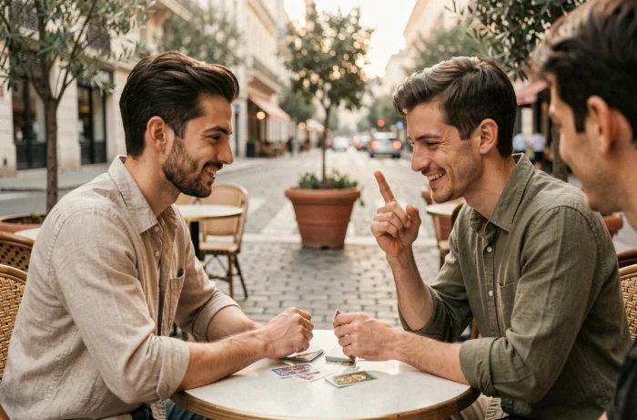 Deux jeunes hommes jouant au Kems en terrasse de café parisien, l'un faisant un signe discret à son partenaire
