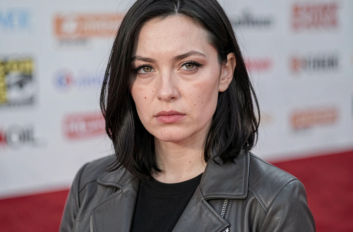 Femme aux yeux hazel avec un maquillage minimaliste, vêtue d'une veste en cuir sombre, posant sur un tapis rouge avec un regard neutre et expressif
