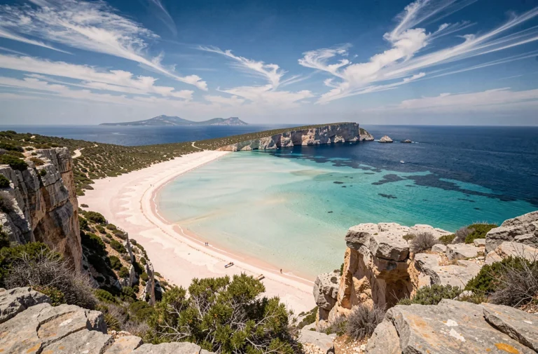 Vue panoramique de la lagune de Balos en Crète depuis les falaises, avec sable rose, eaux turquoise et l'île de Gramvousa en arrière-plan