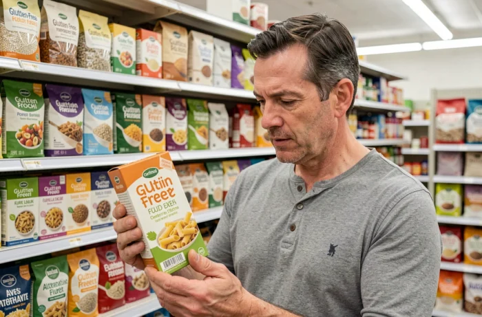 Homme lisant l'étiquette d'un produit sans gluten dans un rayon de supermarché spécialisé