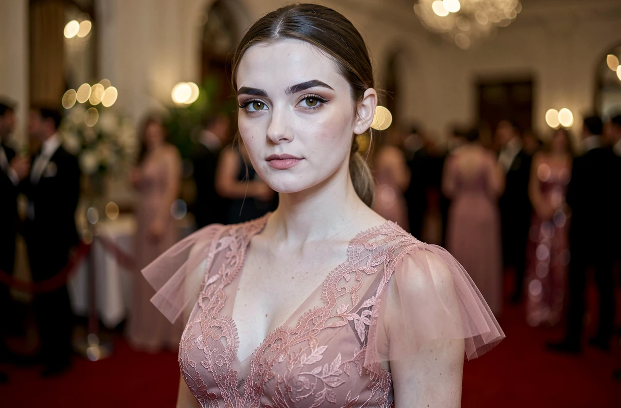 Jeune femme au teint très pâle et aux sourcils noirs marqués, les yeux hazel ressortant de façon frappante, en robe rose poudré lors d'une soirée