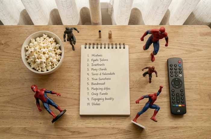 Vue aérienne d'une liste de visionnage des films Spider-Man avec Tom Holland posée sur un bureau en bois avec des figurines et du pop-corn