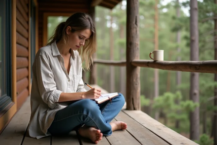 Femme dessinant dans un carnet d'art sur la terrasse d'un chalet en bois entouré de pins, illustrant les loisirs créatifs en pleine nature