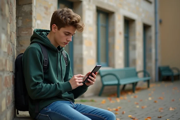 Lycéen consultant le portail Arena Versailles sur son téléphone dans une cour d'école