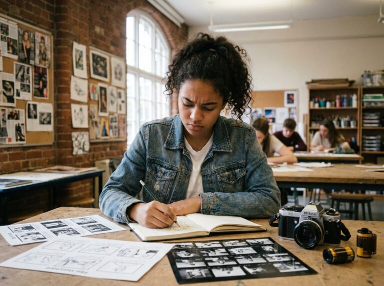 Lycéenne explorant les métiers du cinéma et de la photographie dans une salle d'art scolaire