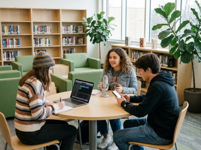Groupe de lycéens enregistrant un podcast dans une bibliothèque scolaire moderne pour explorer les métiers de l'entertainment
