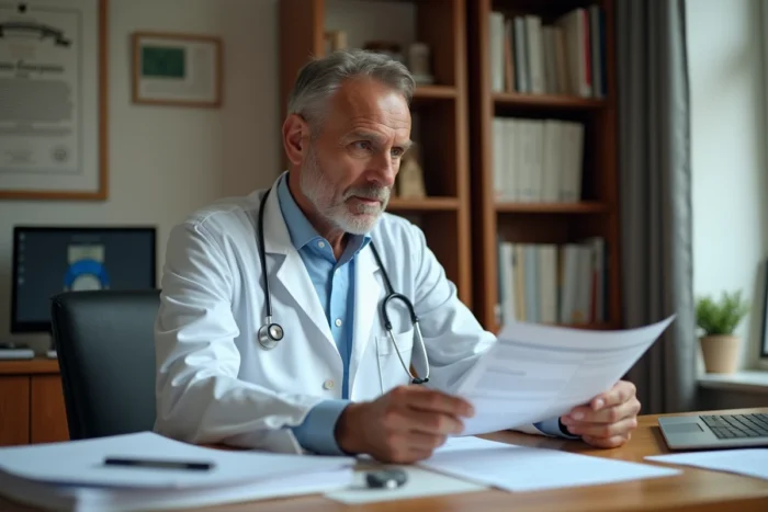 Médecin généraliste masculin en blouse blanche assis à son bureau en train de consulter des dossiers médicaux dans un cabinet médical français