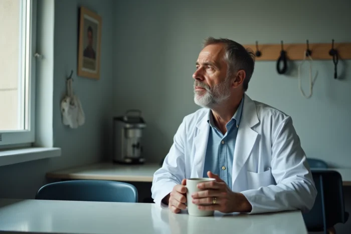Médecin généraliste d'une cinquantaine d'années fatigué prenant une pause café dans la salle de repos d'un centre médical urbain français