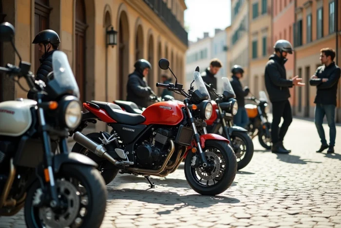 Rangée de motos 50cc homologuées de différents styles garées dans une rue urbaine européenne