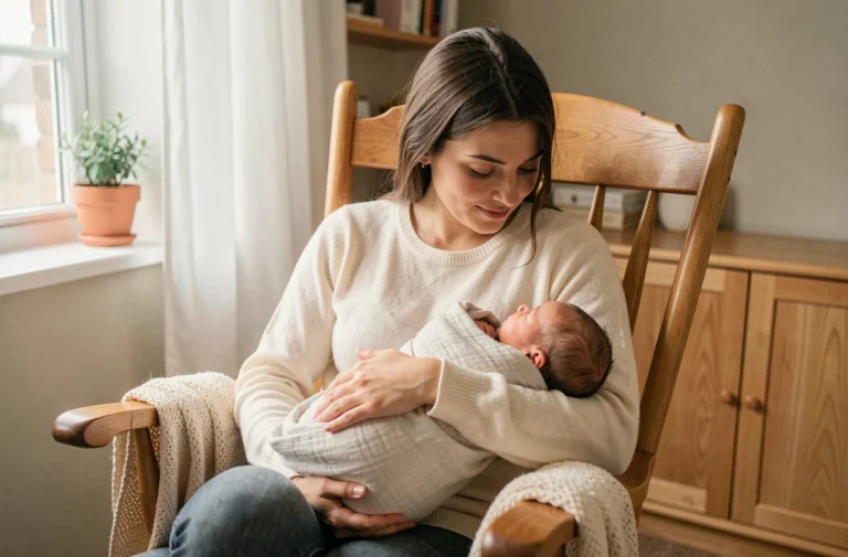 Jeune mère tenant tendrement son nouveau-né emmailloté dans une chambre bébé en bois clair